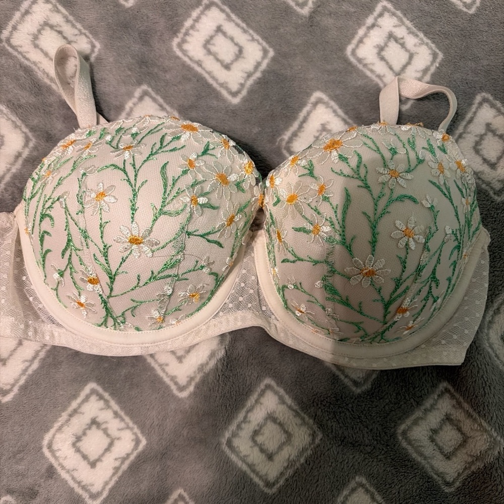 Victoria's Secret Floral Embroidered Bra - Cream and Green